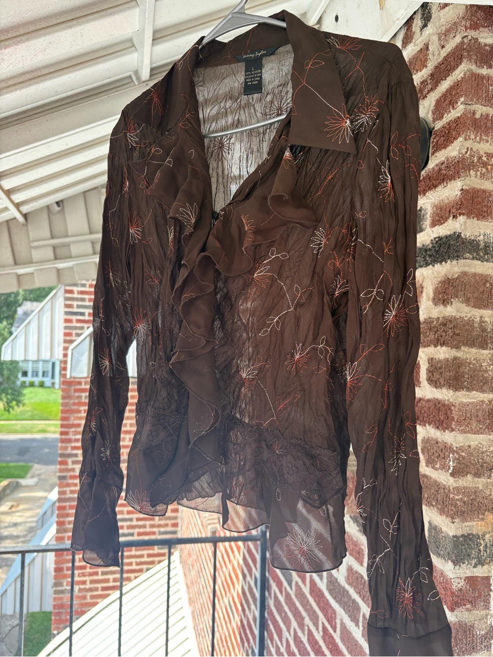 New York & Company Brown Ruffle Sheer Floral Blouse - Picture 4 of 6